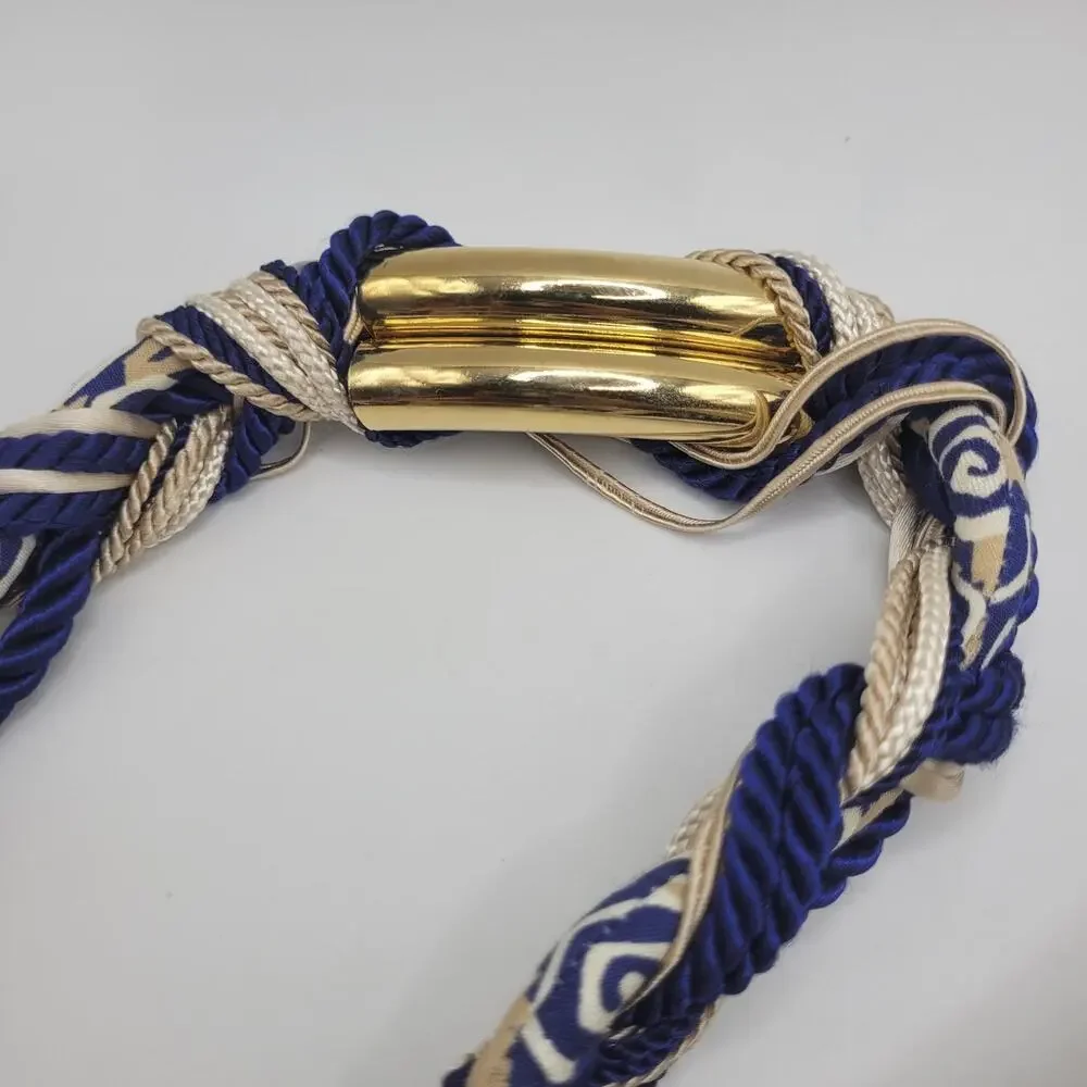 VTG Ginnie Johansen Belt OS Blue Geometric Braided Gold Buckle‎ Boho Statement